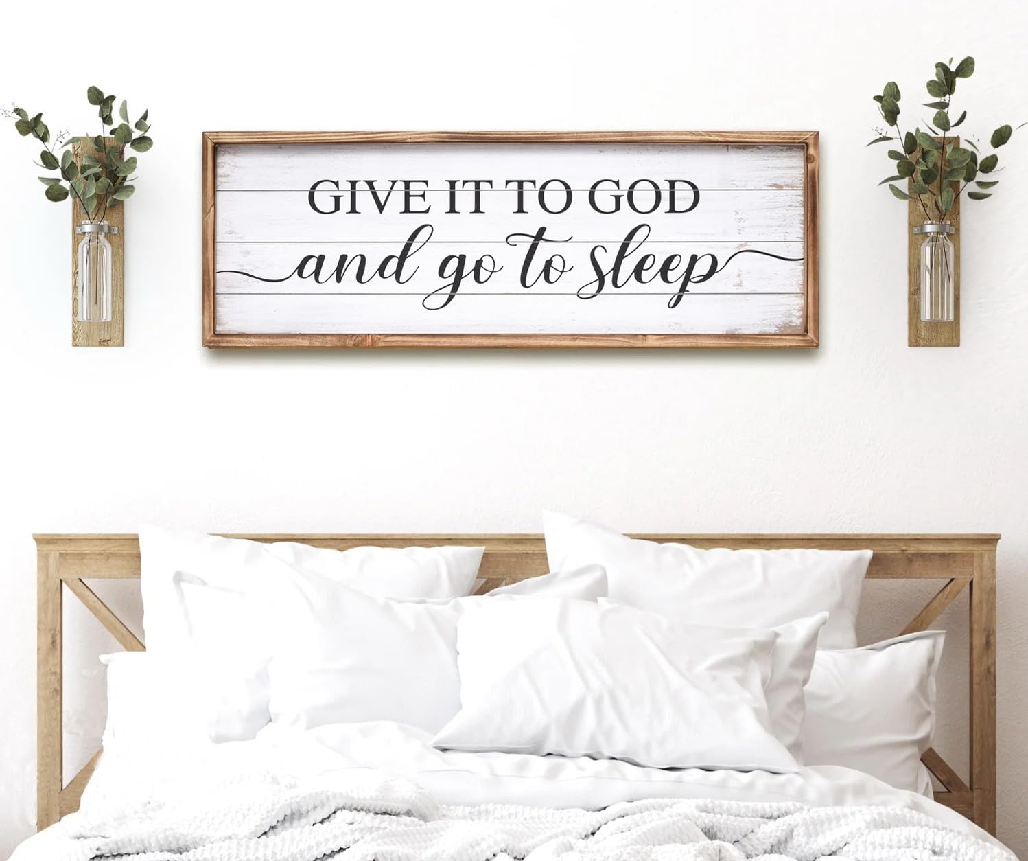 Give It to God and Go to Sleep Sign  Large Above Bed Wall Decor Farmhouse Bedroom Decor Wood Guest Room Decor Framed Wall Art Rustic Master Bedroom Wall Decoration